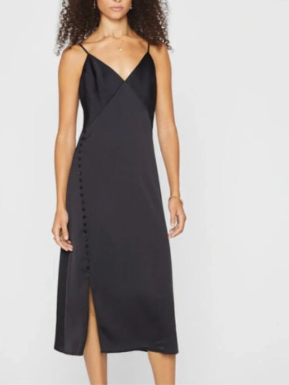 Club Monaco Black Button Detail Slip Satin Midi Dress
